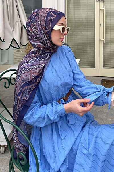 benguen Blue 1008-1 Detailed Hijab Dress