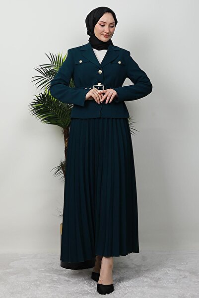 GİYZAMİLA Gold Detail Skirt Suit Dark Petrol