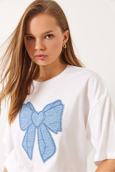 Bianco Lucci Tricou supradimensionat pentru femei, cu panglică din denim, cu decolteu rotund 6004 60283088