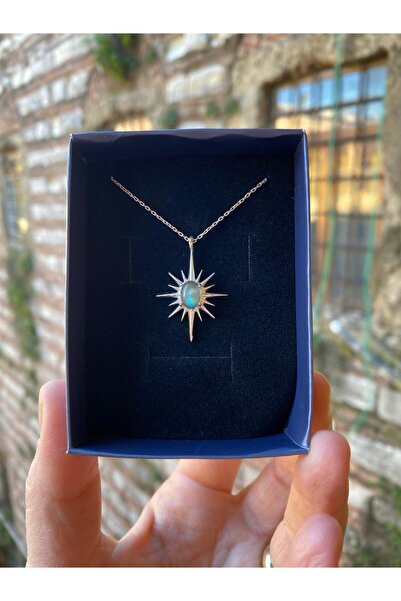 By Atölye Doğal Labradorit Taşlı Kuzey Yıldızı Gümüş Kolye