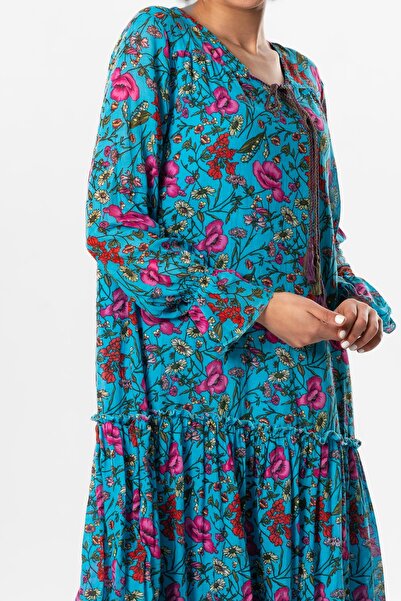 Eliş Şile Bezi Long Sleeve Voile Gonca Long Summer Dress Poppy Pattern Turquoise Striped 6156