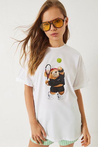 Bianco Lucci Damen-Tennis-Teddy-T-Shirt mit Teddy-Aufdruck in Übergröße 6005 60283084