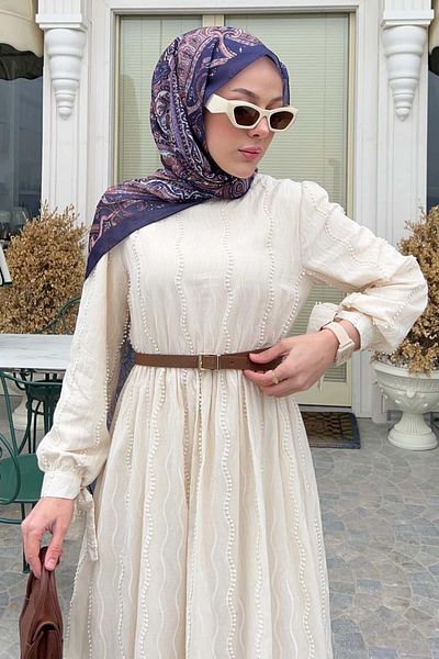 benguen Guipure Λεπτομερής Κρέμα Φόρεμα Hijab 1008-1