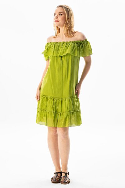 Eliş Şile Bezi Short Sleeve Voile Lavinya Boat Neck Short Summer Dress Pistachio Green fysl