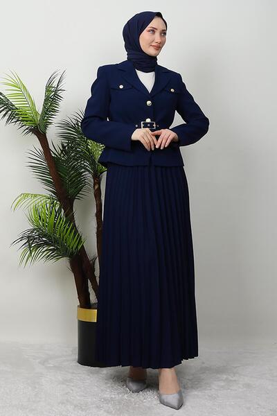 GİYZAMİLA Gold Detail Skirt Suit Navy Blue