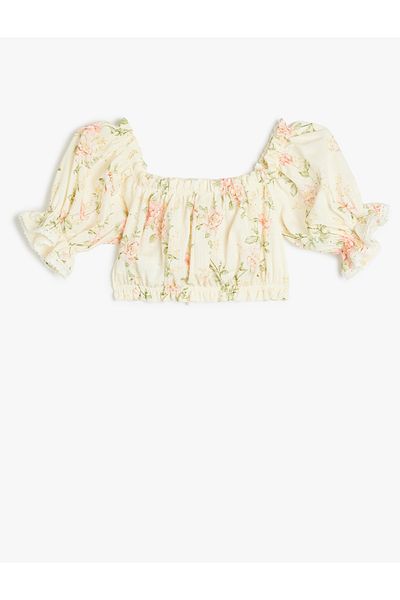 Koton Gipe Detailed Square Neck Balloon Sleeve Cotton Floral Crop Blouse