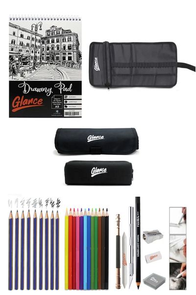 GLANCE A5 Sketchbook 50 Yp Graduated Pencil Dry Paint 24 Compartment Roll Sketch Set