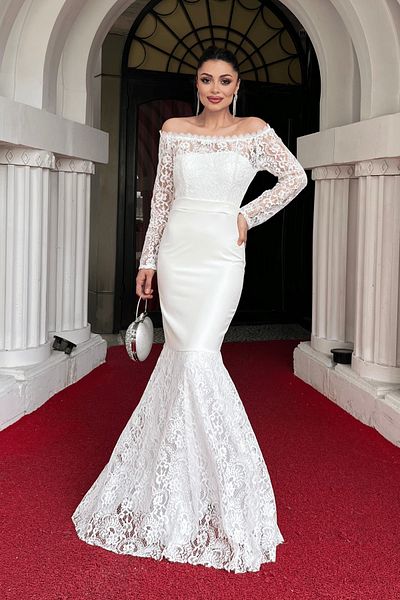 giyimmasalı Top Guipure Lace Bottom Διπλό Υφασμάτινο Βραδινό Φόρεμα με λαιμόκοψη - Λευκό