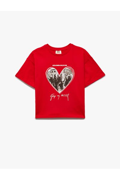 Koton Cotton Short Sleeve Crew Neck Heart Ataturk Printed T-Shirt