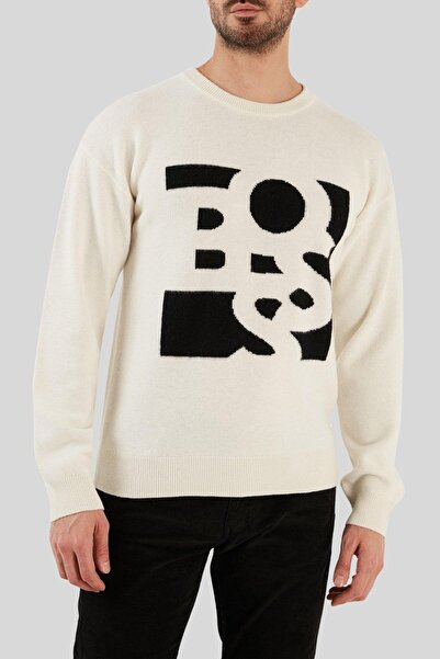 BOSS Regular Fit Bisiklet Yaka Erkek Kazak Beyaz