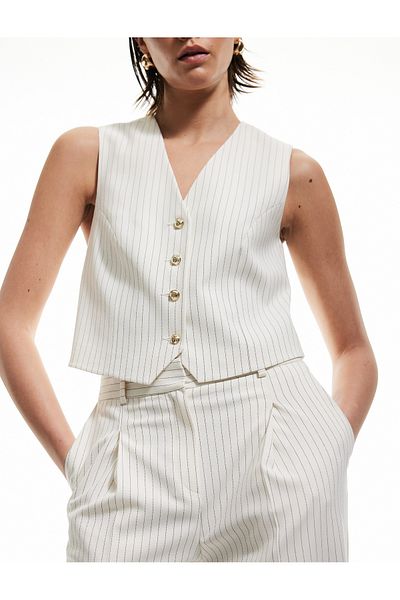 Koton Sleeveless V-Neck Button Detailed Striped Blazer Vest