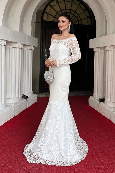 giyimmasalı Top Guipure Lace Bottom Διπλό Υφασμάτινο Βραδινό Φόρεμα με λαιμόκοψη - Λευκό