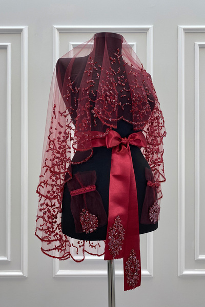 ZEYMERADE Bordo Gelin Duvak Seti, Cam Boncuk ve Pul Baskılı Kına Duvağı Seti ...