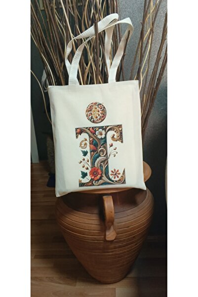 Cemira Letter I, Letter Letter Design Floral Raw Cloth Tote Bag Handbag, Pint...