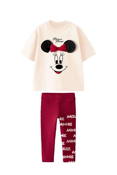 Monila Girl's Minnie Mouse Printed Bow Detailed Cotton Tshirt and Leggings Bottom Top Set