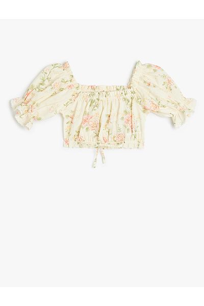 Koton Gipe Detailed Square Neck Balloon Sleeve Cotton Floral Crop Blouse