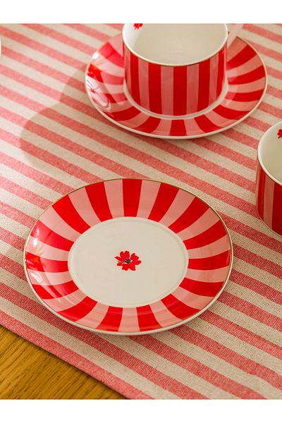 LC Waikiki Red Line Patterned 2-Person Porcelain Tea Cup Set 220 ml