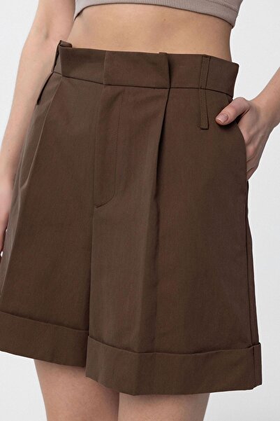 Antioch Kahve Yüksek Bel Pensli Kadın Bermuda Şort