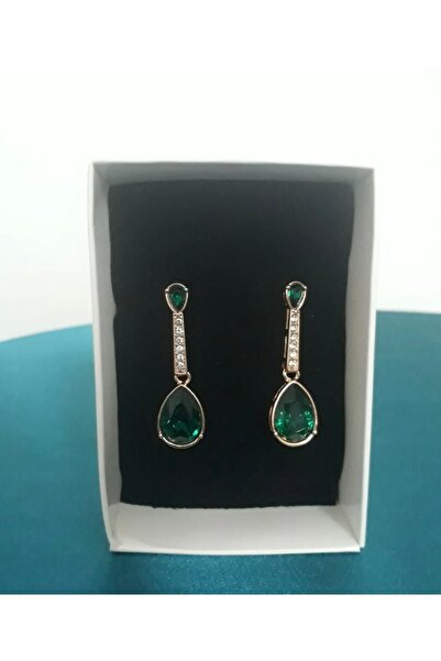 ER TAKI Gold Renkli Yeşil Taşlı Şık Nişan Kına Düğün Abiye Küpe