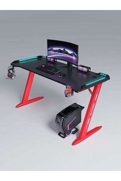 1st 120cm Gaming Table with RGB Lighting in Z Shape - Red