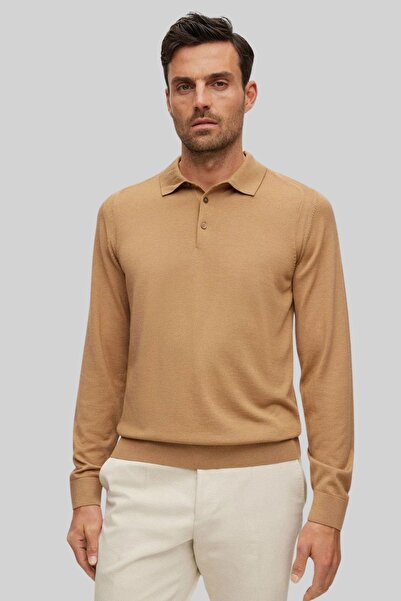 BOSS Regular Fit Polo Yaka Erkek Yün Kazak Bej
