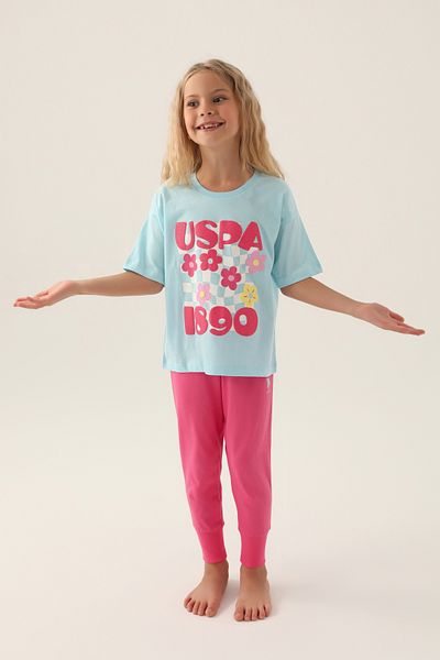 U.S. Polo Assn. Set de pijamale pentru fetiță albastru deschis cu licență