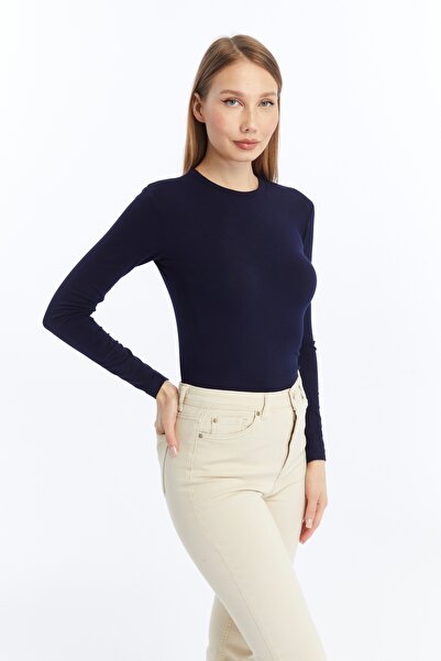 LAENT Жіноча темно-синя блуза з круглим коміром і довгими рукавами