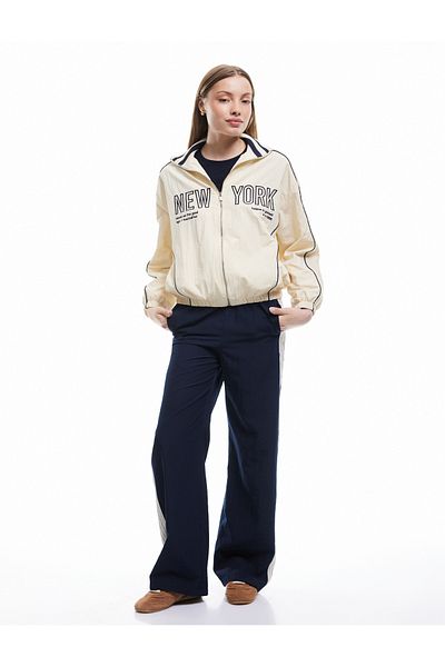 Koton Shirt Collar Zippered College Themed Printed Oversize Bomber Jacket