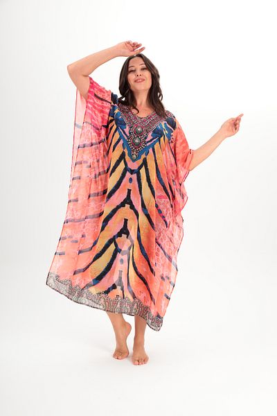MAMAYAGA Women's Patterned Colorful Stone Bat Sleeve Asymmetrical Slit Large Size Comfortable Chiffon Summer Curve Pareo