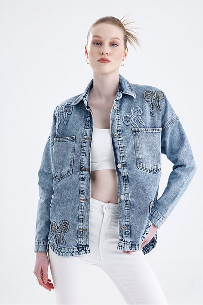 For Angels Jachetă de blugi oversize cu papion brodat