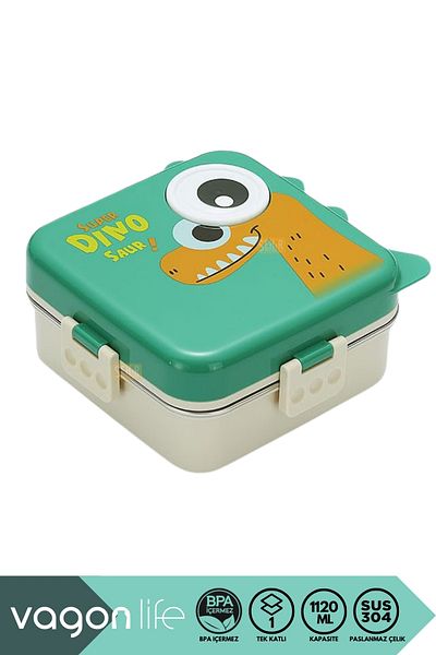 Vagonlife Bento 1120ml Lunchbox Dinosaur Pattern Single Layer 3 Compartment Stainless Steel Lunch Box Lunch Box