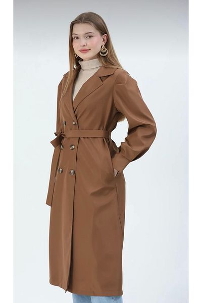 QUBERZ Balloon Sleeve Cuffed Trench Coat Brown
