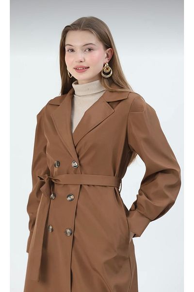 QUBERZ Balloon Sleeve Cuffed Trench Coat Brown