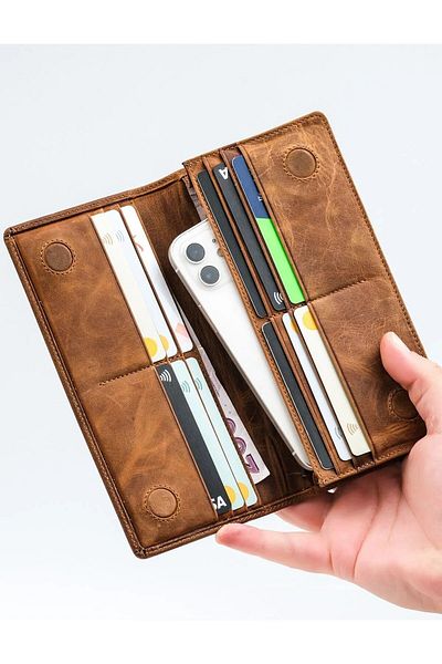 KRATOS Genuine Leather Long Wallet - Microchip, Unisex - Tan