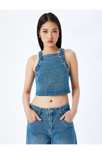 Koton Stone Detailed Back Lace up Crop Sleeveless Denim Blouse