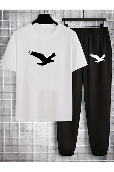 PENTHİLUS 2 Pieces Suit Short Sleeve T-Shirt and Long Pants Bird Print Tracksuit Set