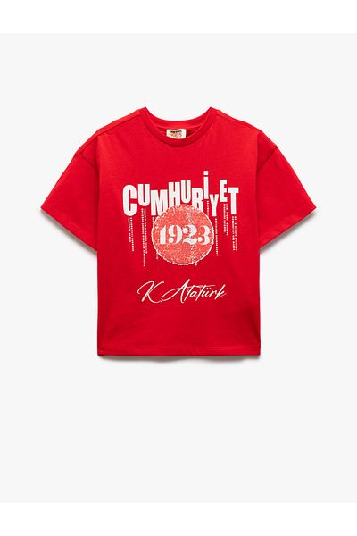 Koton Crew Neck Short Sleeve Cotton Republic Printed Ataturk Signature T-Shirt