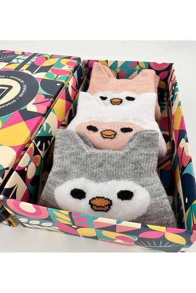 STOCALZE Women's 3-Piece Eared Penguin Patterned Booties Socks Set. Soft, Sweat Free and Seamless.