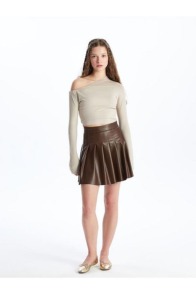 LC Waikiki Women's Brown Skirt - Faux Leather Binding (Bg71)