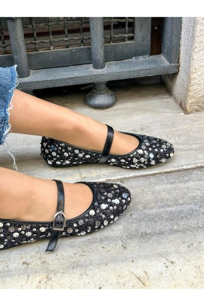 ERVANIN BUTİĞİ Black Silver (Sage) Women's Ballerinas