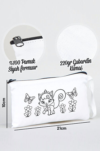 Pamusan Prenses Kedi Desenli Boyanabilir Bez Kalemlik - 10 Adet - 21x10 cm Beyaz Kalem Çantası