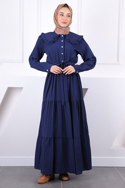 İmajButik Φόρεμα με γκοφρέ με γιακά μωρού Navy Blue