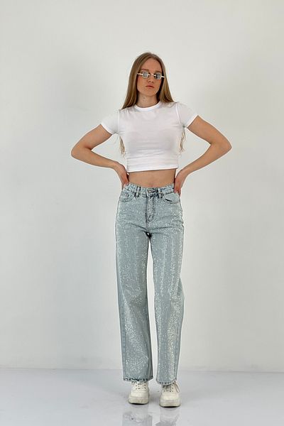 Miss Poem Blugi de damă cu picioare largi, cu strasuri, pantaloni largi, albastru gheață