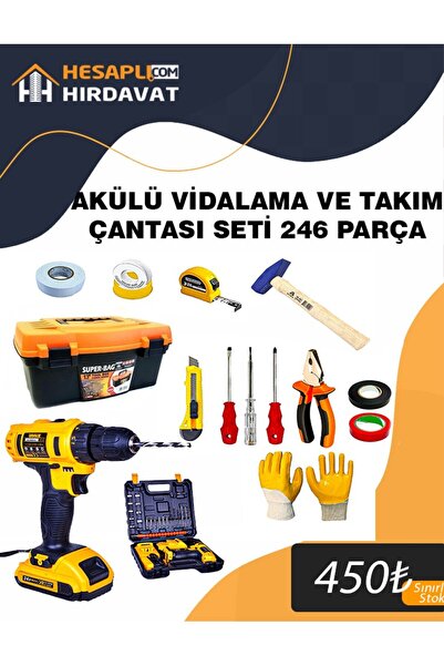 Hesaplı Hırdavat 246 Parça  Akülü Vidalama Ve El Aleti Seti Dolu Takım Çantas...