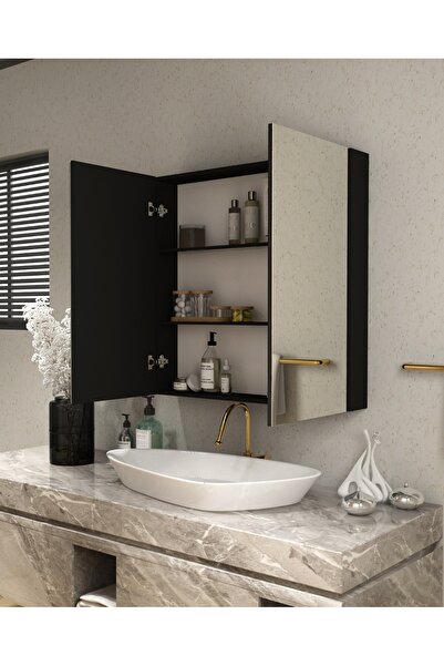 TETTO ELAGANTE 2 Kapaklı (SİYAH) 60X60 Aynalı Banyo Dolabı Çok Amaçlı Banyo Dolabı