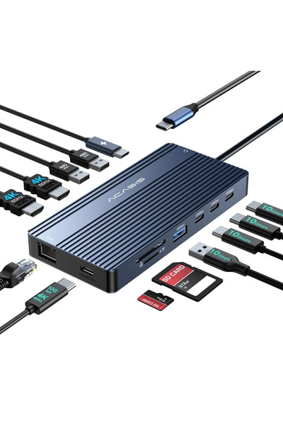 Acasis 10 Gbps, 14 in 1, Gigabit Ethernet, 2xHDMI 2.0 4K 60Hz,1xUSB-C Video + DATA,