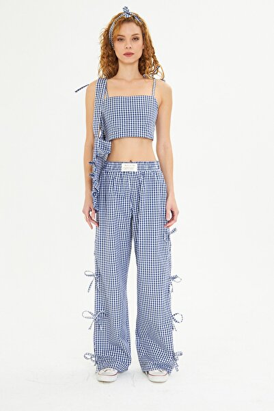 GIA - ART Kadın Kareli Kumaş Çanta Saç Bandı Crop ve Pantolon Alt Üst Takım K...