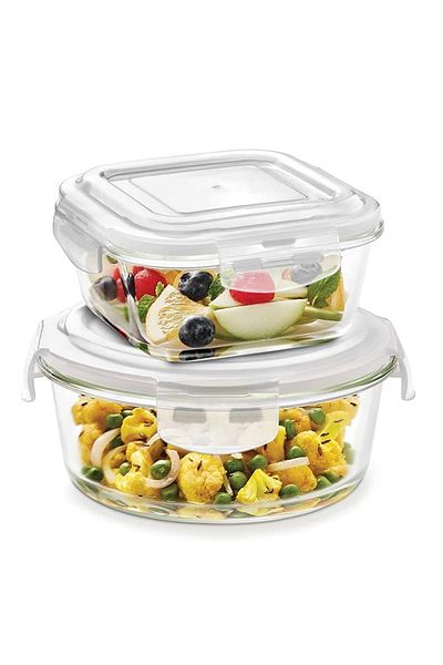 Borosil Set of 2 Glass Storage Containers, 320ml Square & 400ml Round, Microwave & Oven Safe