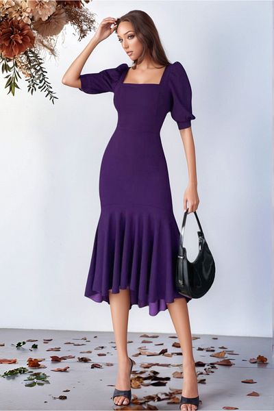Trendusfashion Rochie midi cu mânecă cu balon cu gât pătrat – Design șic și clasic