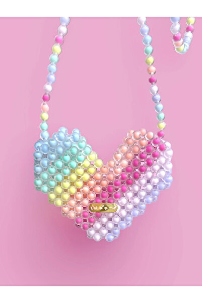 chipiques El Örgüsü Kalp Motifli Pastel Boncuk İşlemeli Omuz Çantası